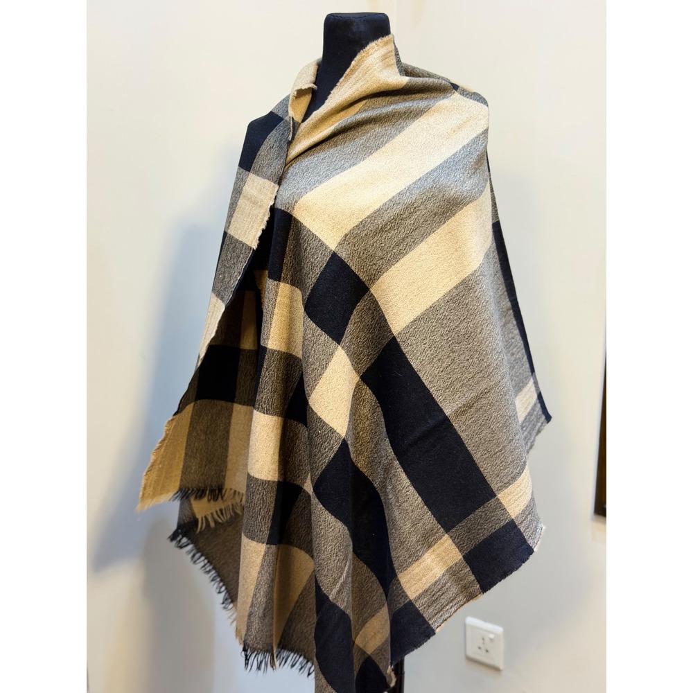 Burberry Oversized Check Scarf Wrap Navy Blue Tan Grey Fringe Shawl